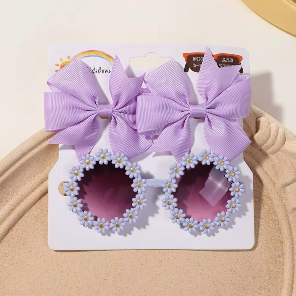 Purple Sunglasses with Floral Design and Hair Bows
